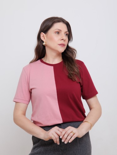 Camiseta Feminina 100% Algodão Premium Bicolor Blush e Vinho