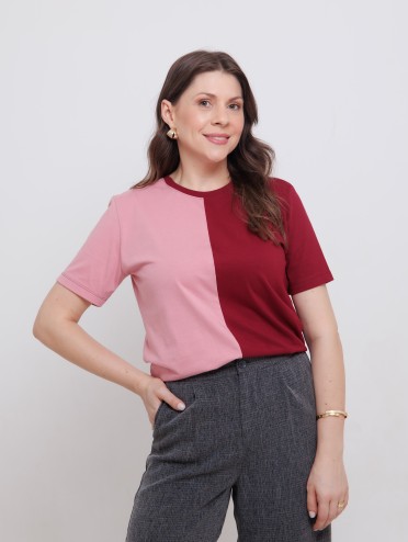 Camiseta Feminina 100% Algodão Premium Bicolor Blush e Vinho