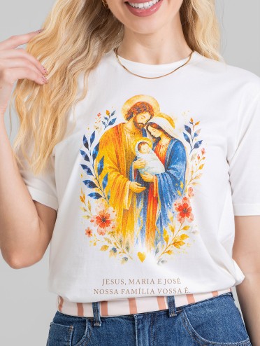 Camiseta Feminina Algodão Premium Estampada Sagrada Família Off White