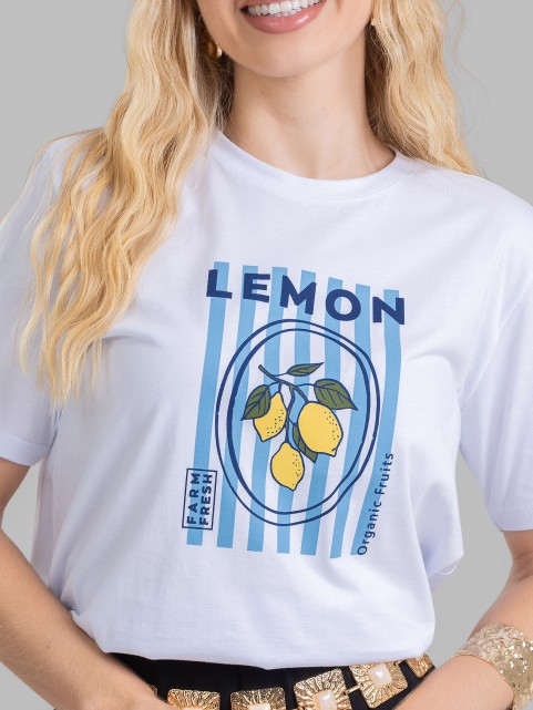 Camiseta Feminina Algodão Premium Estampada Lemon Branco