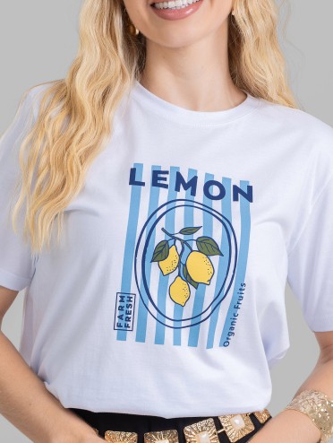 Camiseta Feminina Algodão Premium Estampada Lemon Branco
