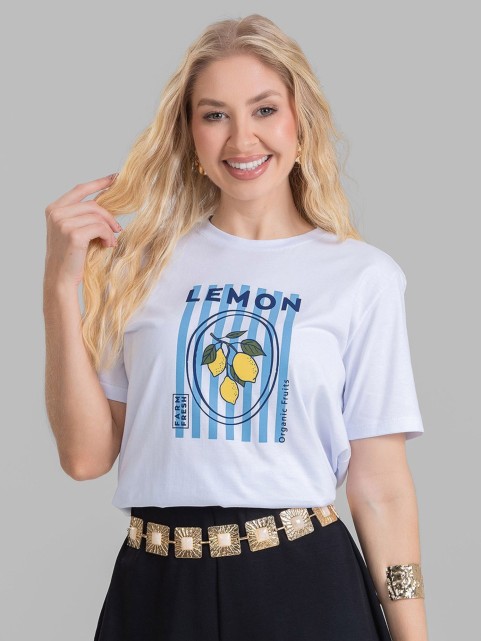 Camiseta Feminina Algodão Premium Estampada Lemon Branco