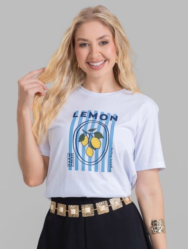Camiseta Feminina Algodão Premium Estampada Lemon Branco