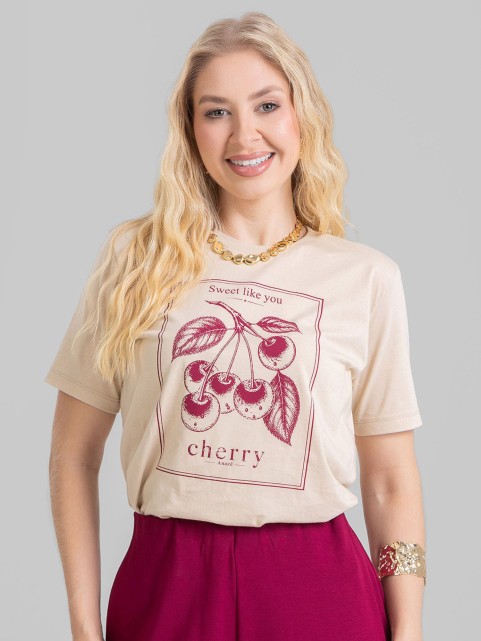 Camiseta Feminina Algodão Premium Estampada Cereja Bege