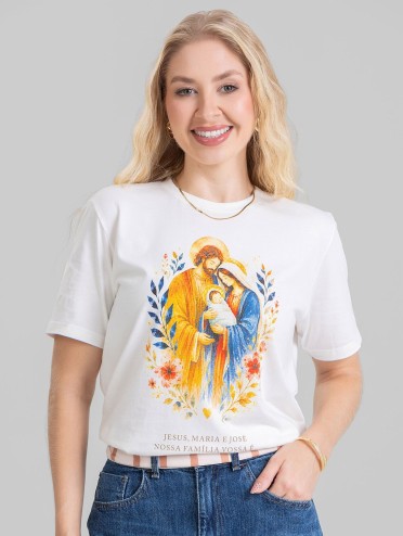 Camiseta Feminina Algodão Premium Estampada Sagrada Família Off White