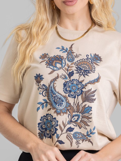 Camiseta Feminina Algodão Premium Estampada Outono Bege