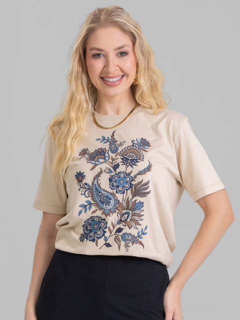 Camiseta Feminina Algodão Premium Estampada Outono Bege