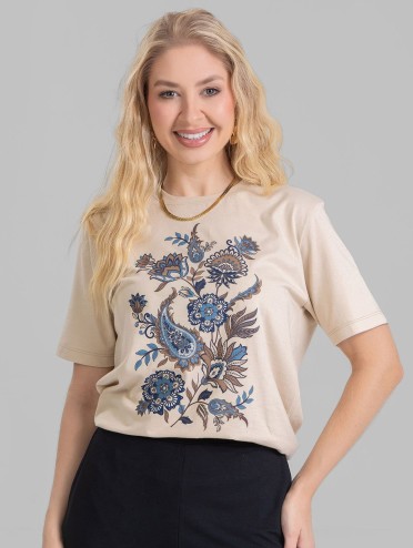 Camiseta Feminina Algodão Premium Estampada Outono Bege