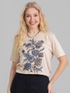 Camiseta Feminina Algodão Premium Estampada Outono Bege