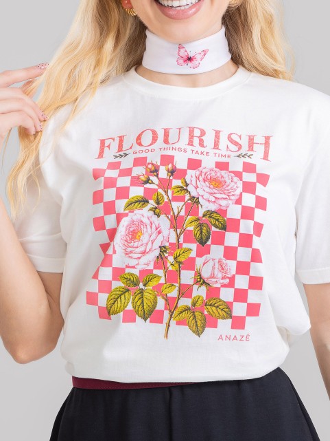 Camiseta Feminina Algodão Premium Estampada Florista Off White