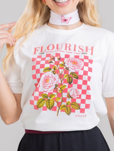 Camiseta Feminina Algodão Premium Estampada Florista Off White