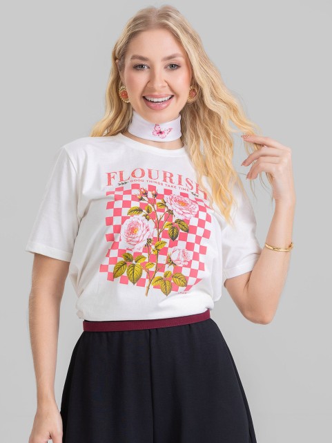 Camiseta Feminina Algodão Premium Estampada Florista Off White