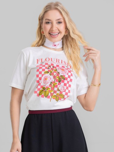 Camiseta Feminina Algodão Premium Estampada Florista Off White