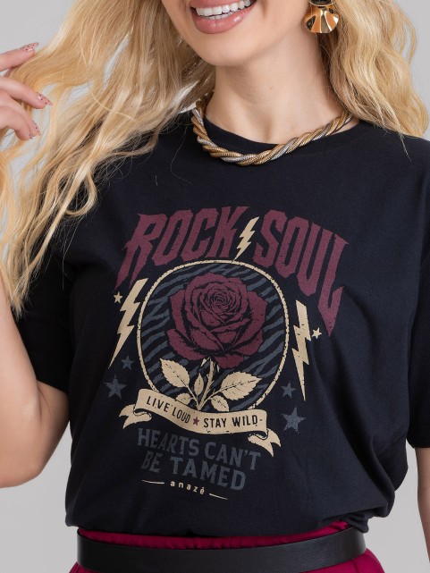 Camiseta Feminina Algodão Premium Estampada Rock Preto