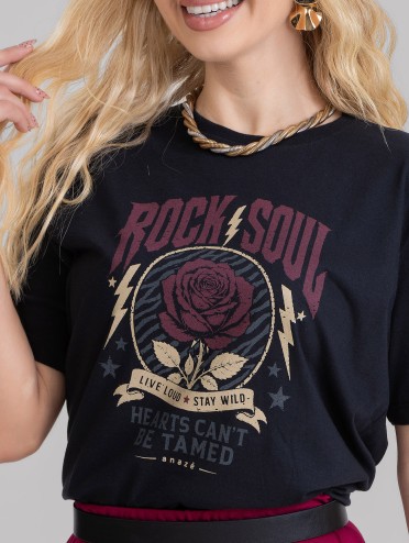 Camiseta Feminina Algodão Premium Estampada Rock Preto