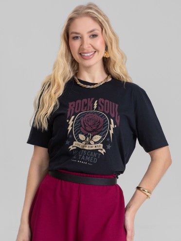Camiseta Feminina Algodão Premium Estampada Rock Preto