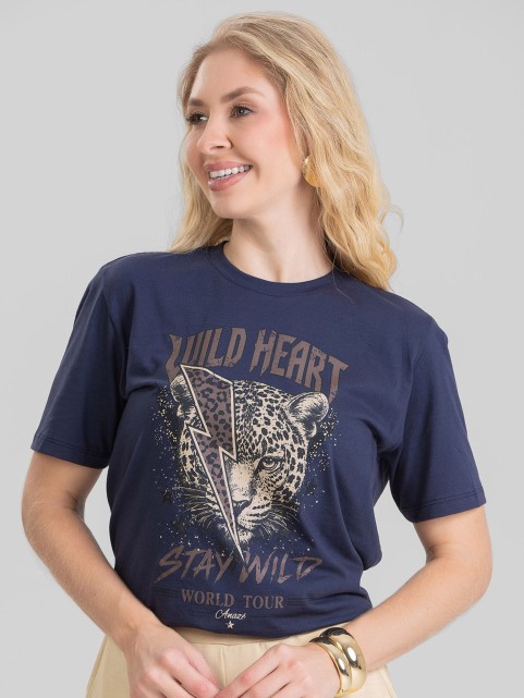 Camiseta Feminina Algodão Premium Estampada Animal Print Marinho