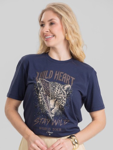 Camiseta Feminina Algodão Premium Estampada Animal Print Marinho