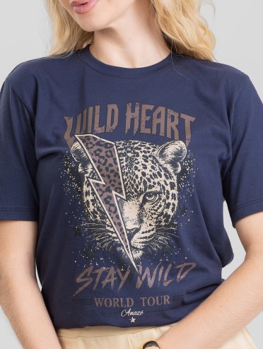 Camiseta Feminina Algodão Premium Estampada Animal Print Marinho