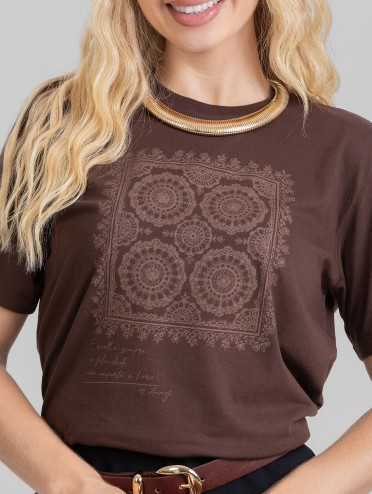 Camiseta Feminina Algodão Premium Estampada Renda Marrom Café