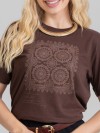 Camiseta Feminina Algodão Premium Estampada Renda Marrom Café