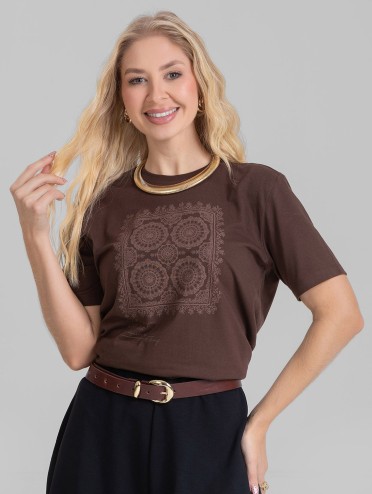 Camiseta Feminina Algodão Premium Estampada Renda Marrom Café
