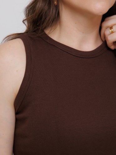 Blusa Regata Canelada 100% Algodão Helô Marrom Café