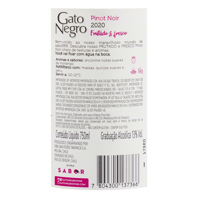 VINHO GATO NEGRO PINOT NOIR TINTO 750ML