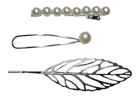 Kit 3 Grampo Presilha Metal Perola Folha Cor:Prateado