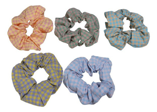Kit 6x Scrunchies Frufru Xuxinha Elástico De Cabelo Xadrez Cor:Sortidas