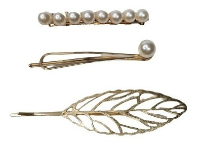 Kit 3 Grampo Presilha Metal Perola Folha Cor:Prateado