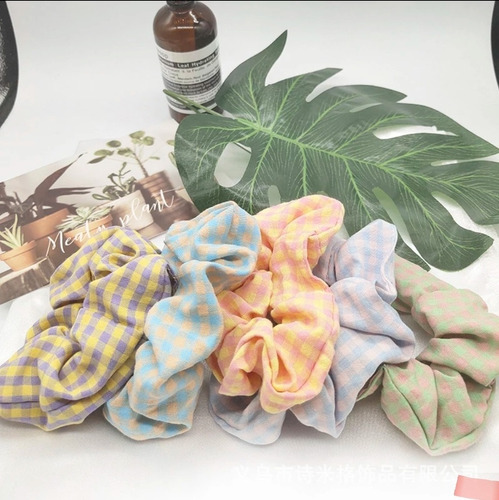 Kit 6x Scrunchies Frufru Xuxinha Elástico De Cabelo Xadrez Cor:Sortidas
