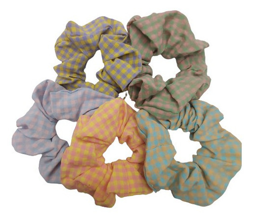 Kit 6x Scrunchies Frufru Xuxinha Elástico De Cabelo Xadrez Cor:Sortidas