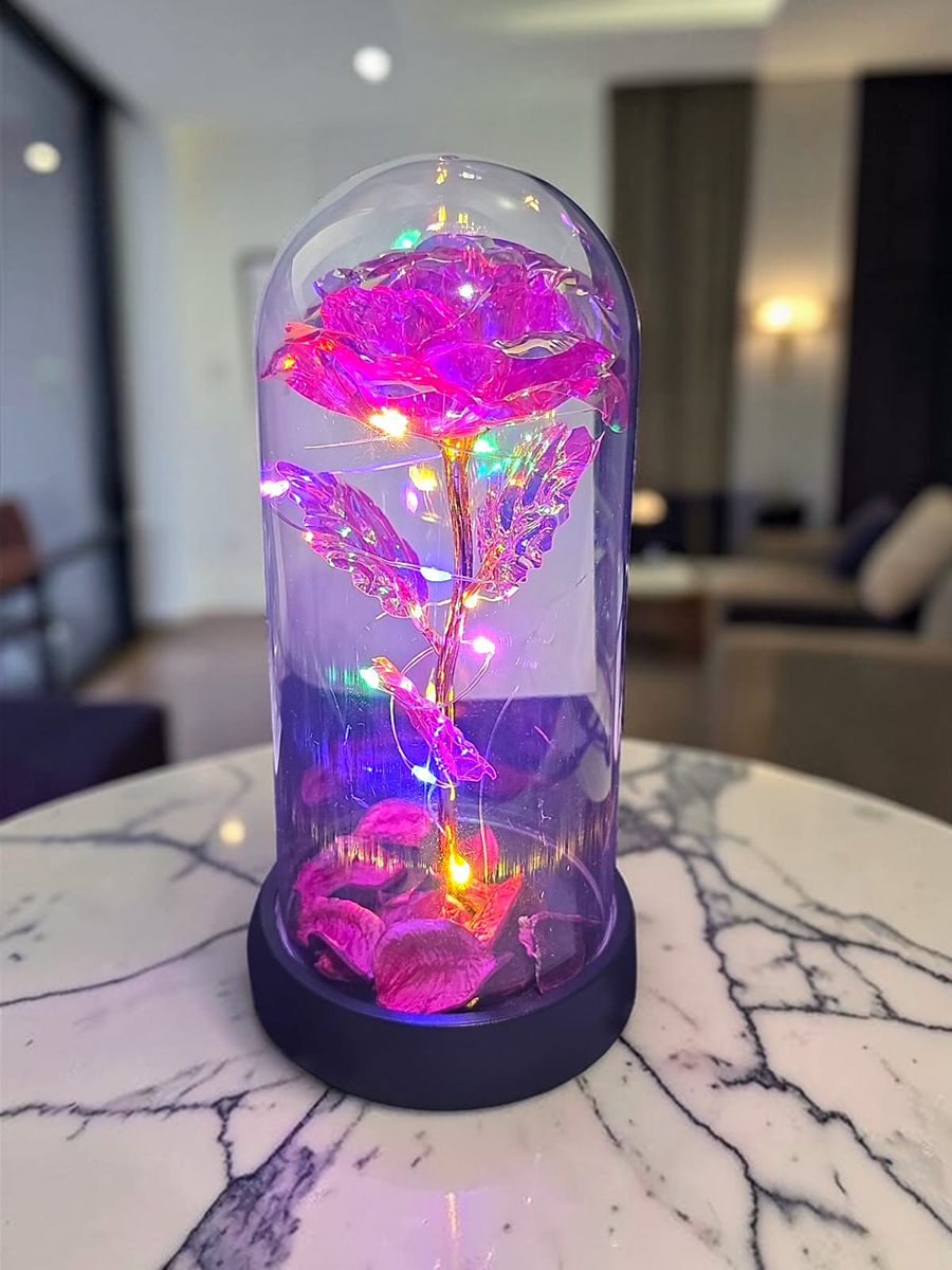 Rosa Metalizada com Pétalas Na Cúpula Led Luminária Redoma