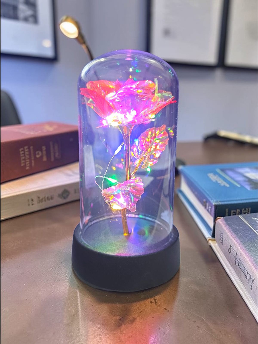 Rosa Metalizada Na Cúpula Led Luminária Redoma Encantada