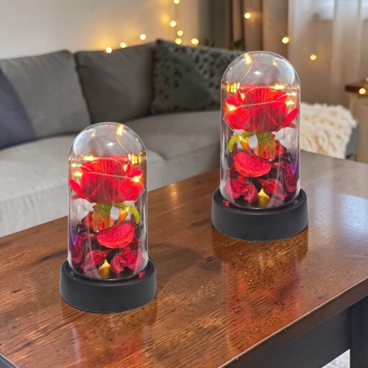 Kit 2 Rosa Na Cúpula Led Luminária Redoma Encantada Rosa