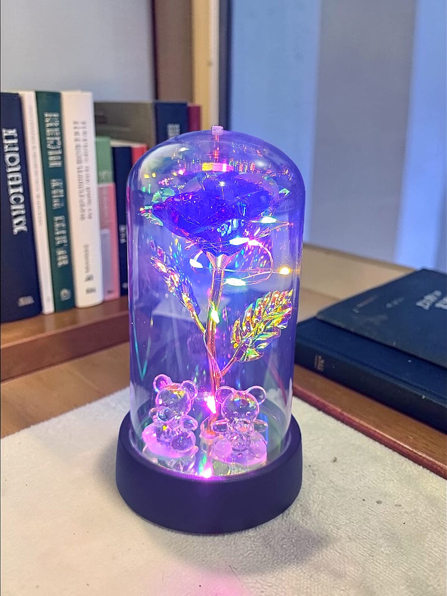 Rosa Metalizada com Ursinho Na Cúpula Led Luminária Redoma