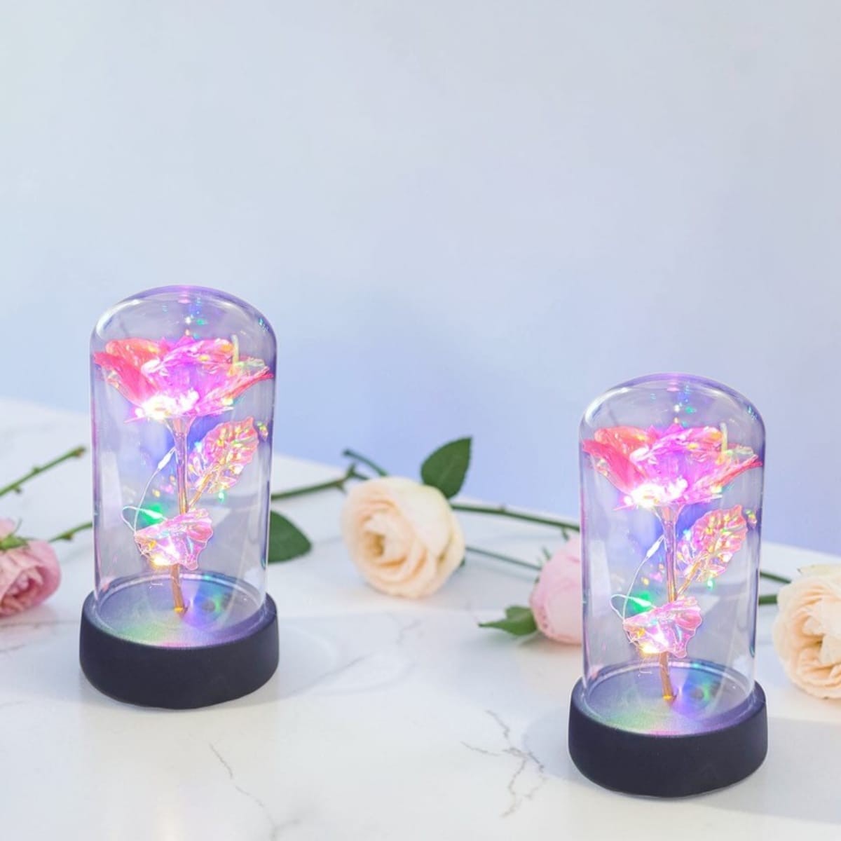 Kit 2 Rosa Metalizada Na Cúpula Led Luminária Redoma Encanta