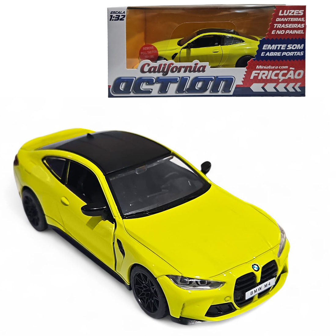 Carro Miniatura Metal BMW M4 Amarelo 1:32 Action c/ Som Luz