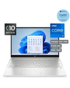 Laptop HP Pavilion de 15.6", modelo 15-eg2507la, procesador Intel Core i7-1255U (12va generacion), 16GB RAM, disco solido de 512GB, camara web 720p HD, Bluetooth 5.3, entrada HDMI, USB, UBS-C, WiFi 6, Windows 11, para oficina o estudiantes.