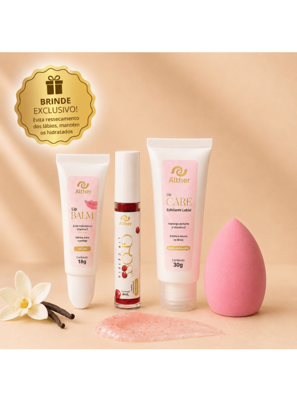 Kit Cuidados para os Lábios com Lip Balm + Esfoliante + Gloss BRINDE Esponja de Maquiagem