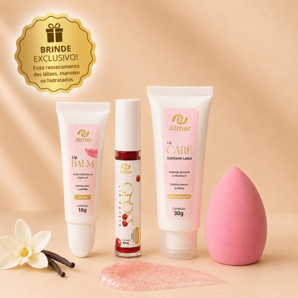 Kit Cuidados para os Lábios com Lip Balm + Esfoliante + Gloss BRINDE Esponja de Maquiagem