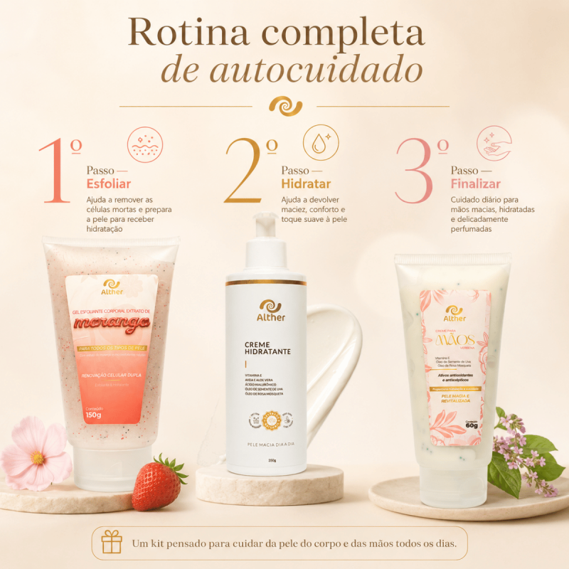 Kit Cuidado – Esfoliação, Hidratação e Mãos Macias ALTHER