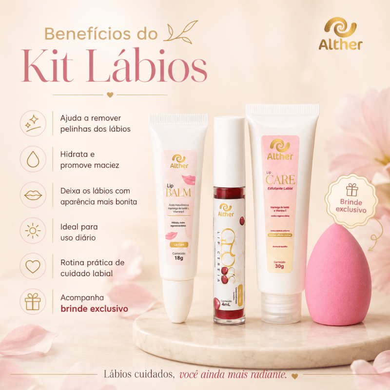 Kit Cuidados para os Lábios com Lip Balm + Esfoliante + Gloss BRINDE Esponja de Maquiagem