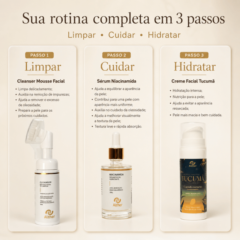 Kit Skin Care – Cleanser Mousse + Sérum Facial Niacinamida+ Creme Facial Tucumã | Rotina Completa de Cuidados com a Pele ALTHER