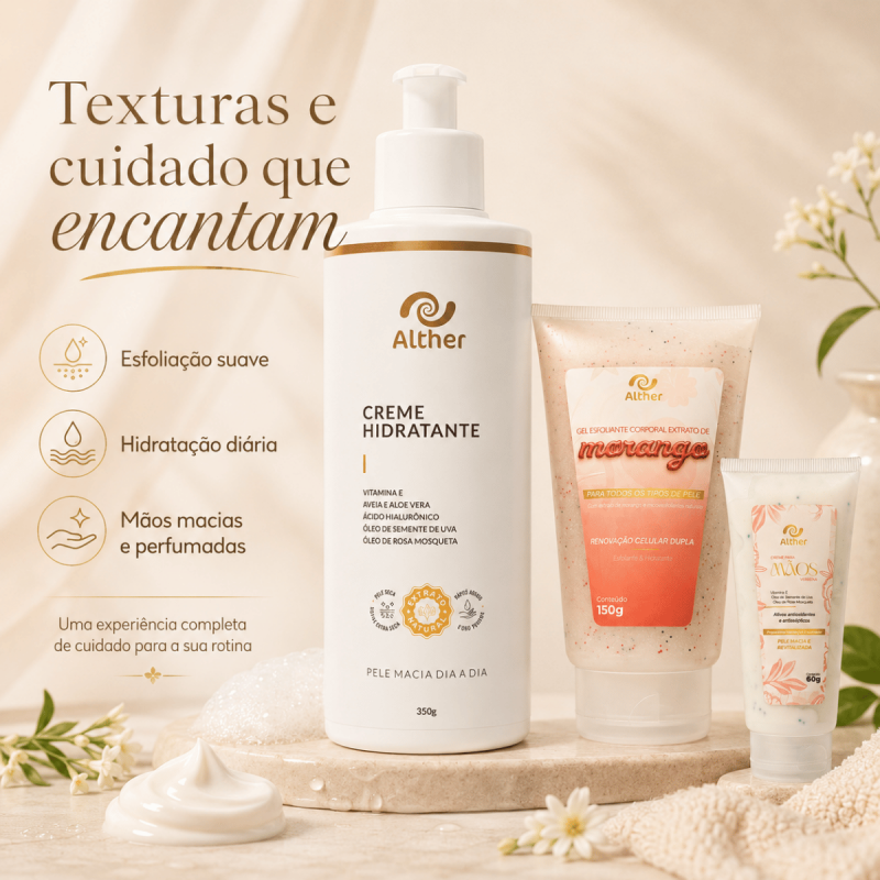 Kit Cuidado – Esfoliação, Hidratação e Mãos Macias ALTHER