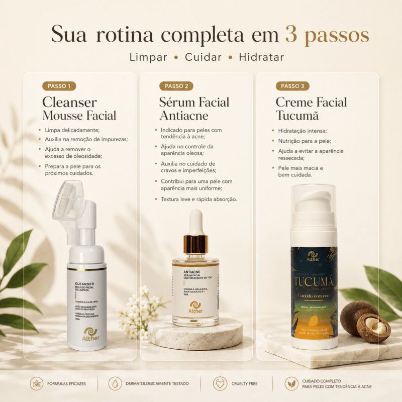 Kit SkinCare para Acne –  Cleanser Mousse + Sérum Facial Antiacne + Creme Facial Tucumã | Rotina Completa de Cuidados com a Pele ALTHER