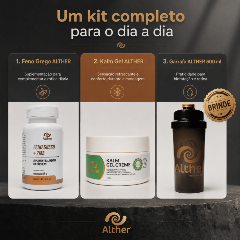 Kit Atitude & Bem-Estar - com Feno Grego + Kalm Gel e Garrafa 600 ml de Brinde ALTHER