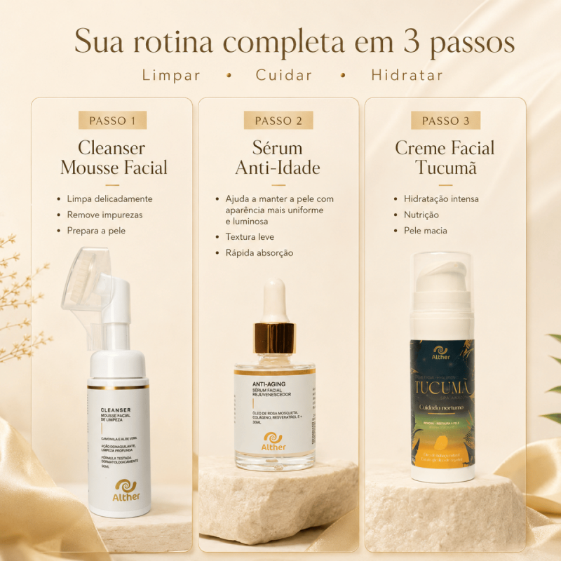 Kit Skin Care Rejuvenescedor – Cleanser Mousse + Sérum Facial Rejuvenescimento+ Creme Facial Tucumã | Rotina Completa de Cuidados com a Pele ALTHER
