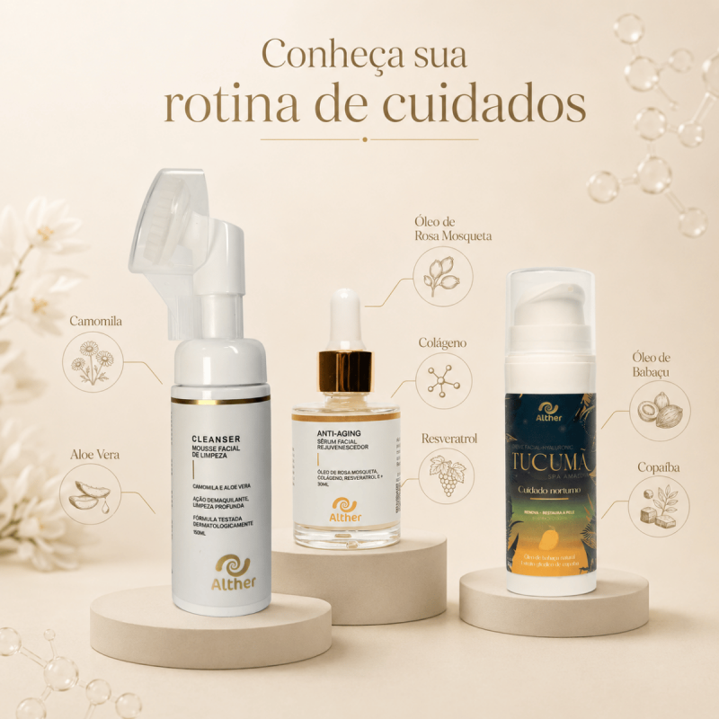Kit Skin Care Rejuvenescedor – Cleanser Mousse + Sérum Facial Rejuvenescimento+ Creme Facial Tucumã | Rotina Completa de Cuidados com a Pele ALTHER